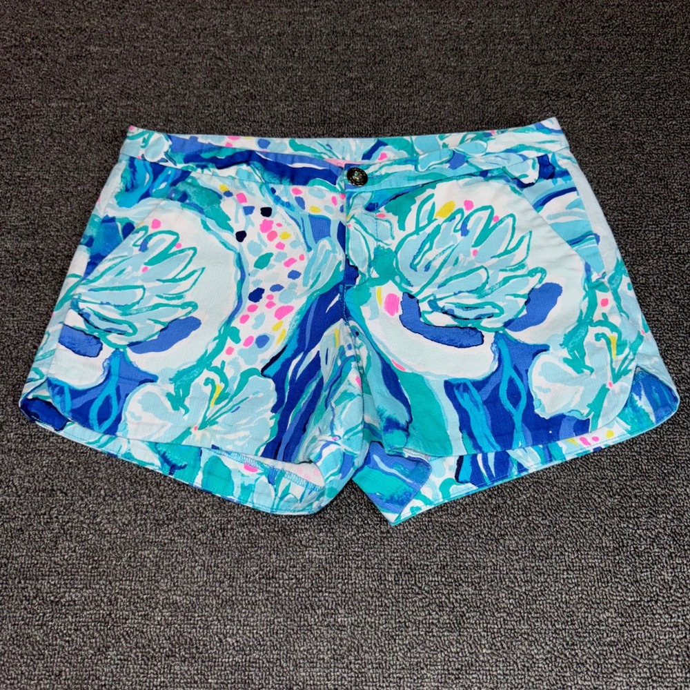 Lilly Pulitzer Callahan Shorts Teal Zeal Blue Pink Floral Cotton Chino Size 00